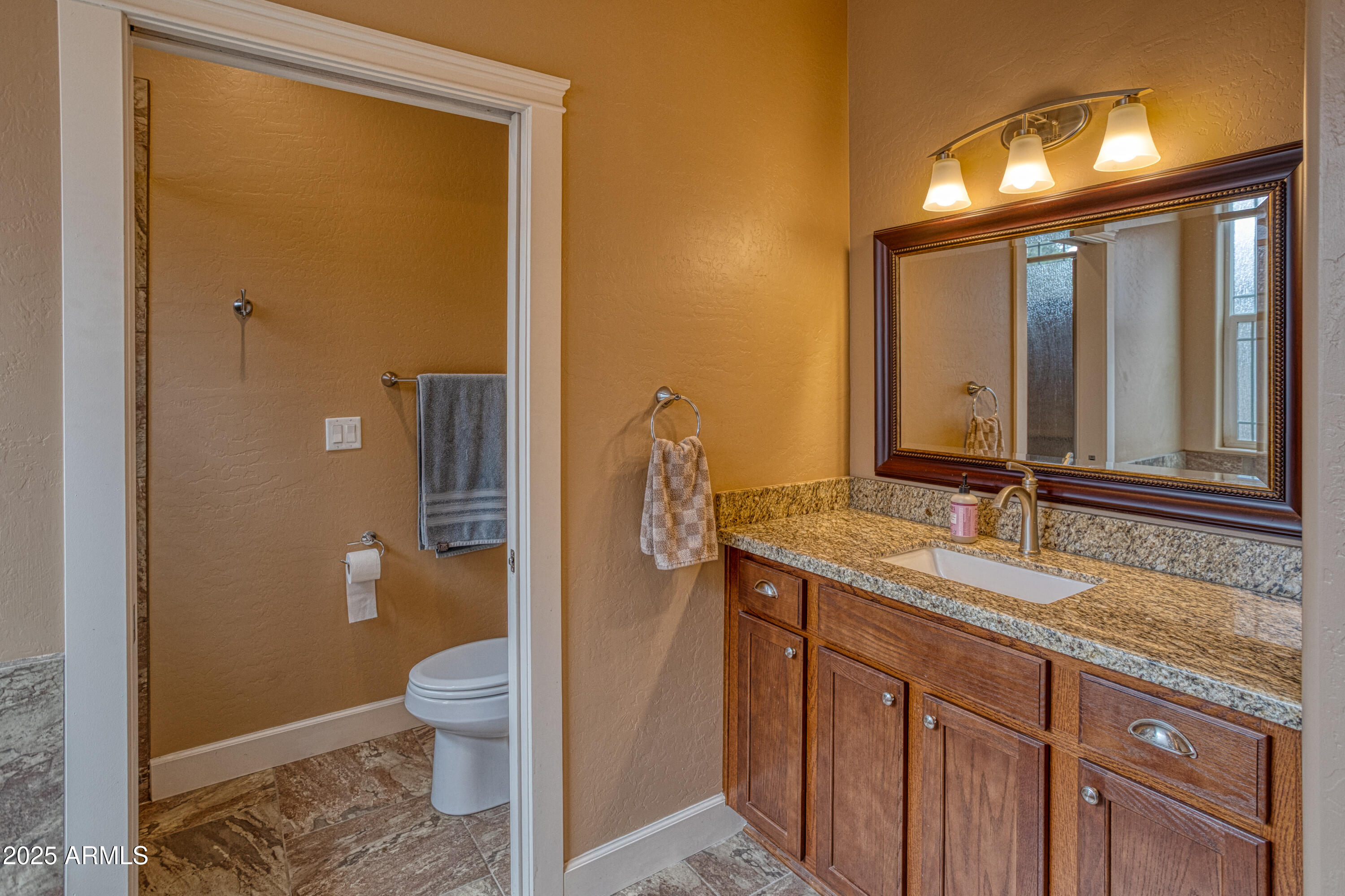 901 South Ridgeline Drive Show Low, AZ 85901 - Photo 18 of 31 a bathroom with a granite countertop sink toilet and shower
