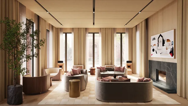 a living room with furniture and large window