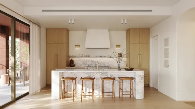 a kitchen with a table chairs refrigerator and cabinets