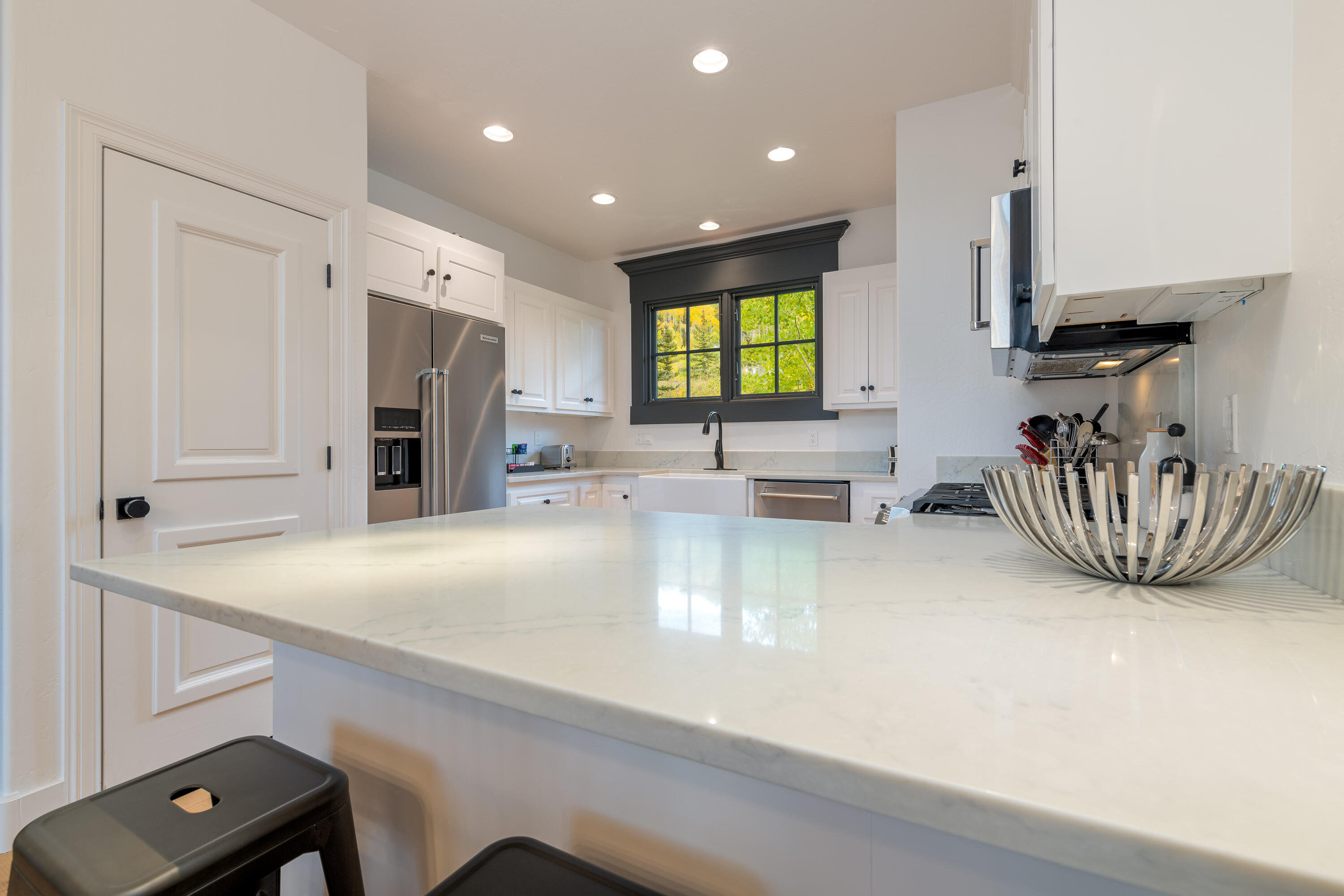 101 Sunny Ridge Place, Unit 101 Mountain Village, CO 81435 - Photo 11 of 30 a kitchen with stainless steel appliances granite countertop a sink refrigerator and microwave