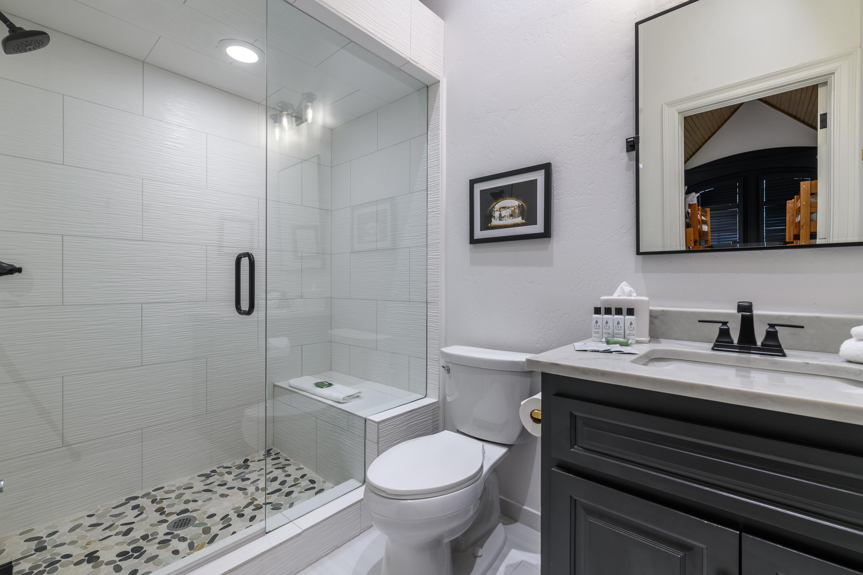 101 Sunny Ridge Place, Unit 101 Mountain Village, CO 81435 - Photo 26 of 30 a bathroom with a granite countertop toilet sink and shower