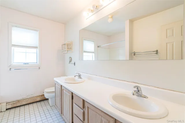 a bathroom with a sink a toilet and a mirror