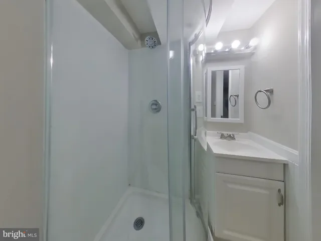 a bathroom with a sink a shower and a mirror