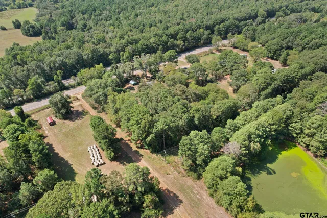 an aerial view of residential house with swimming pool and green space