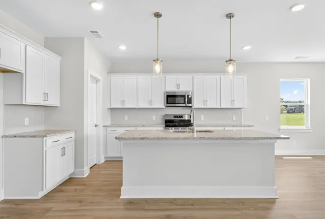 a kitchen with stainless steel appliances granite countertop a sink dishwasher a stove and a refrigerator with wooden floor