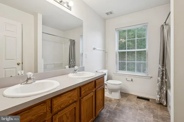 a bathroom with a double vanity sink toilet and a mirror