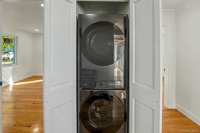 a close view of a utility room with washer and dryer
