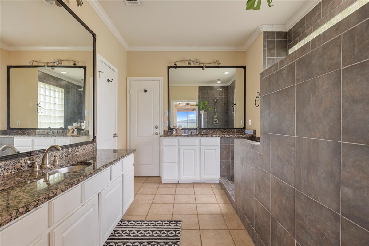 13612 Bullick Hollow Road Austin, TX 78726 - Photo 18 of 34 a bathroom with a granite countertop sink a mirror and a shower