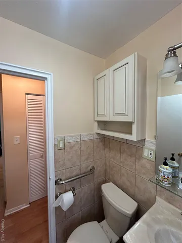 a bathroom with a sink toilet and mirror