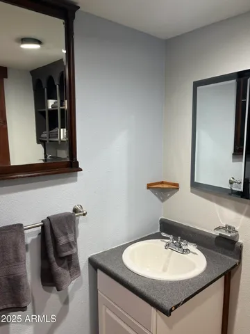 a bathroom with a sink and a mirror