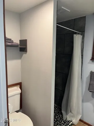 a bathroom with a toilet and a shower