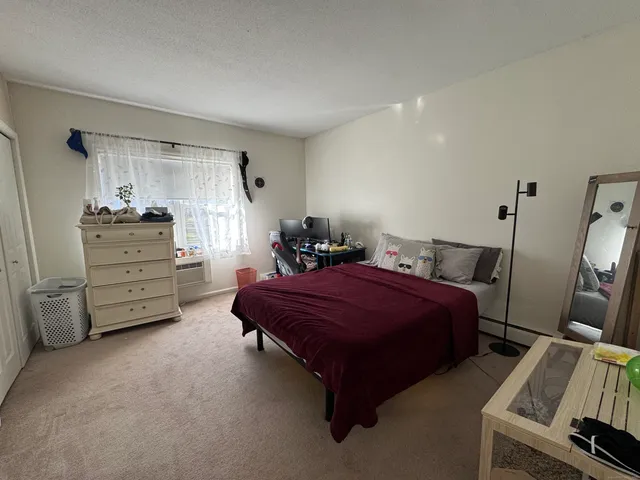 a bedroom with a bed and a furniture