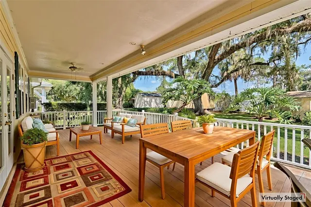 a view of a park with large trees
