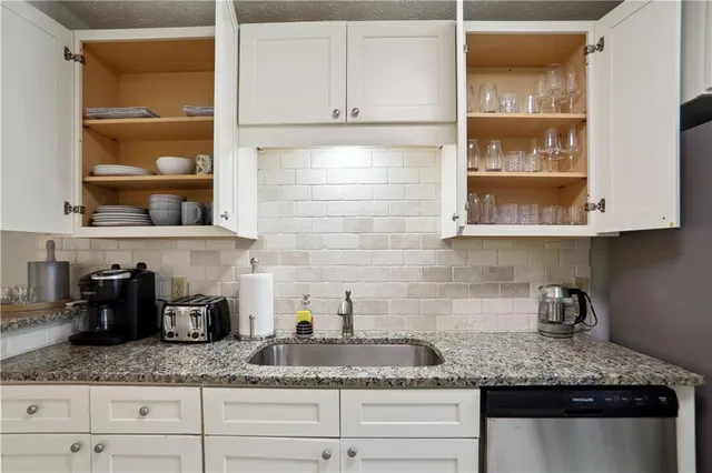 a kitchen with granite countertop cabinets and potted plant