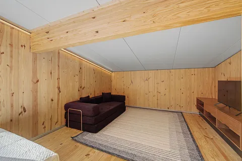 a living room with a couch and a rug