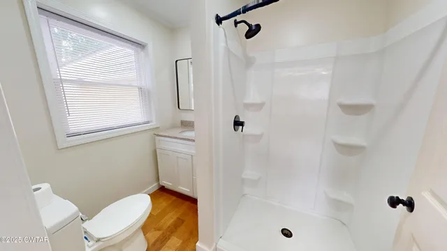 a bathroom with a sink a toilet and shower