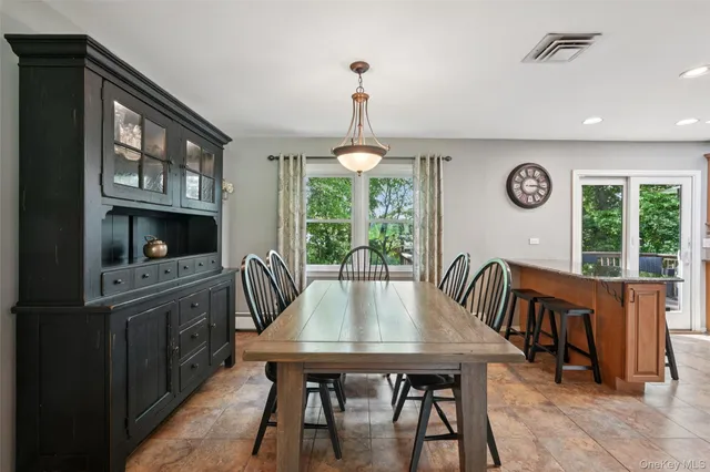 a view of a dining room with furniture window and outside view
