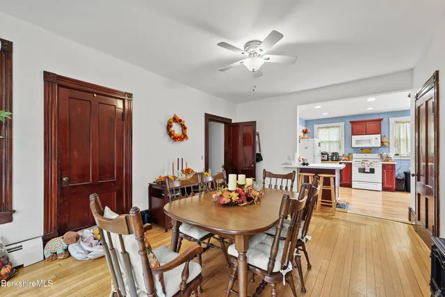 a view of a dining room with furniture