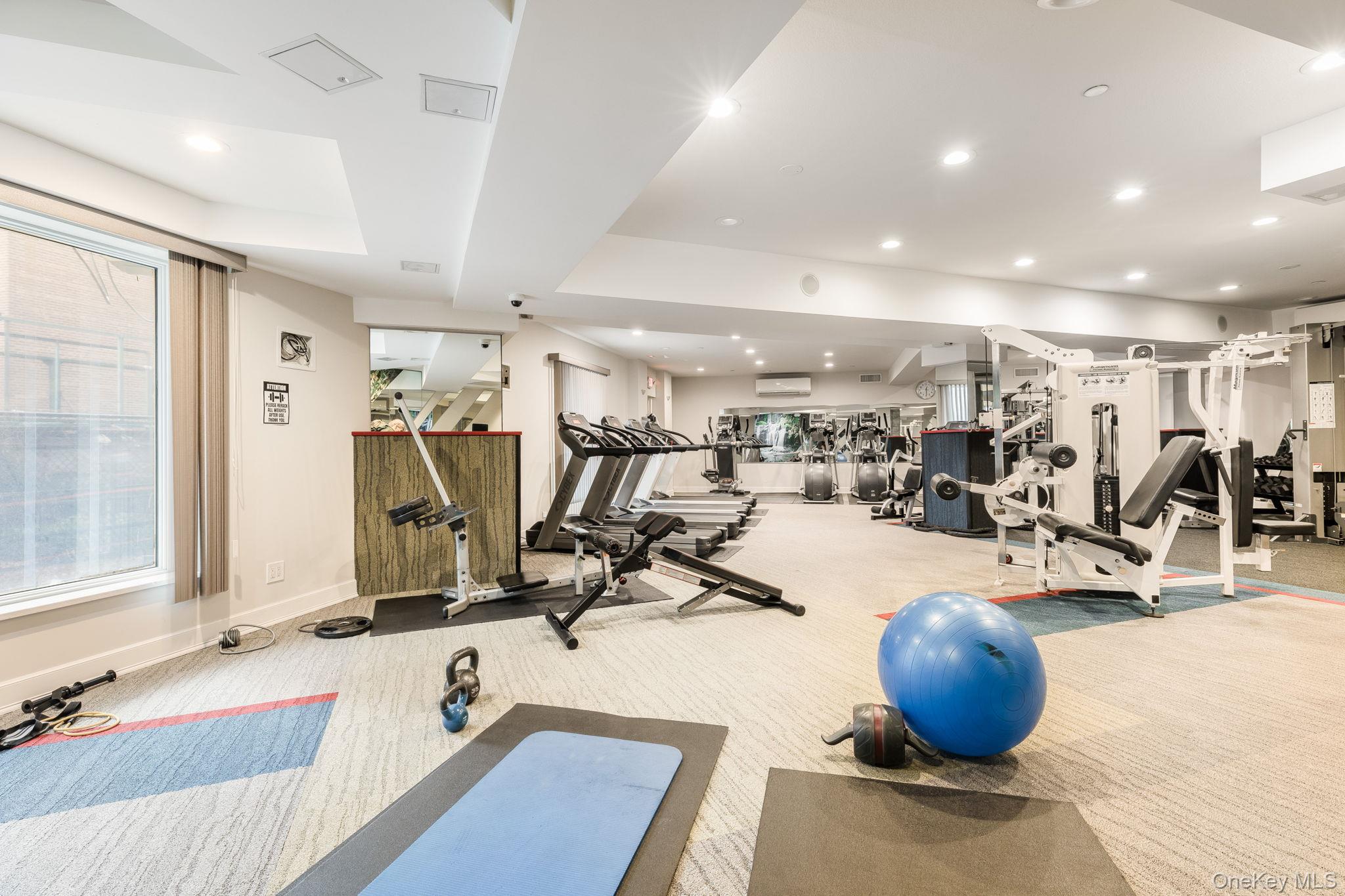 40 Brighton 1st Road, Unit 3J Brooklyn, NY 11235 - Photo 16 of 23 Gym featuring carpet flooring, a wall mounted AC, and a raised ceiling
