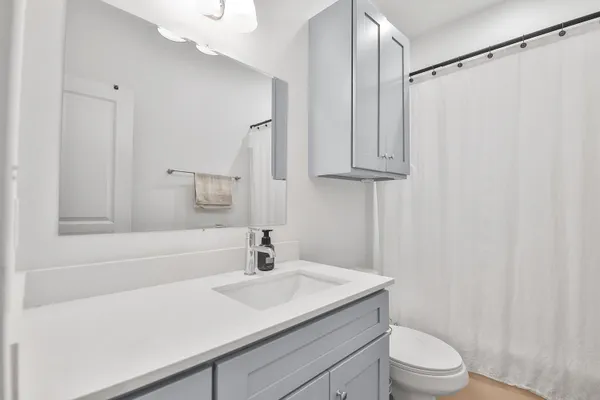 a bathroom with a sink a toilet and shower