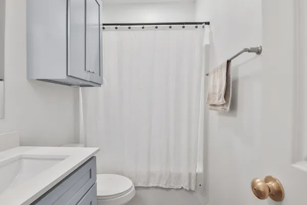 a bathroom with a sink a toilet and shower
