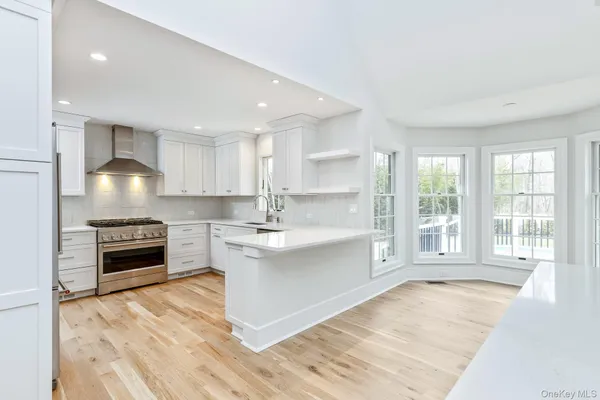 a large kitchen with kitchen island a sink a stove a refrigerator cabinets and a counter top space