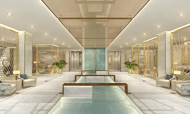 a lobby with furniture and floor to ceiling window