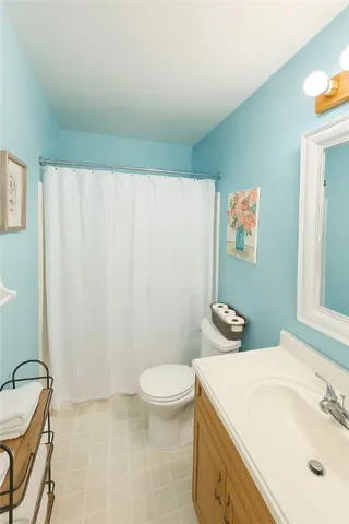 a bathroom with a sink a toilet and shower curtain