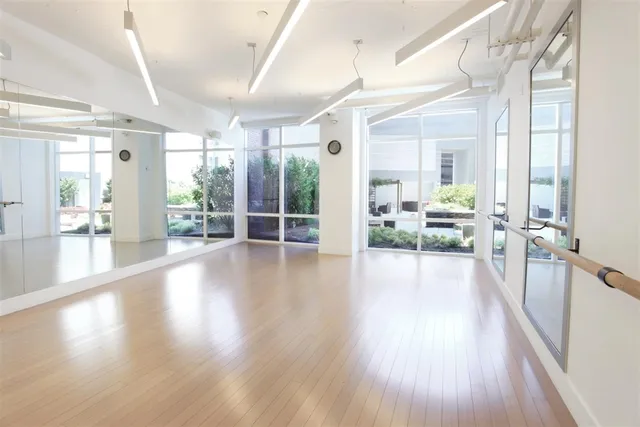a view of a big room with wooden floor and windows