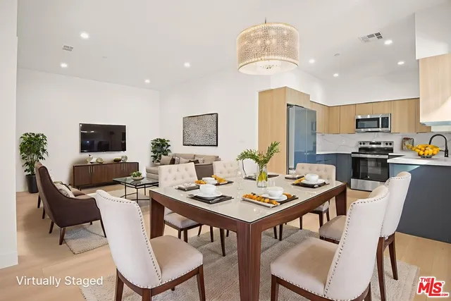 a view of a dining room with furniture