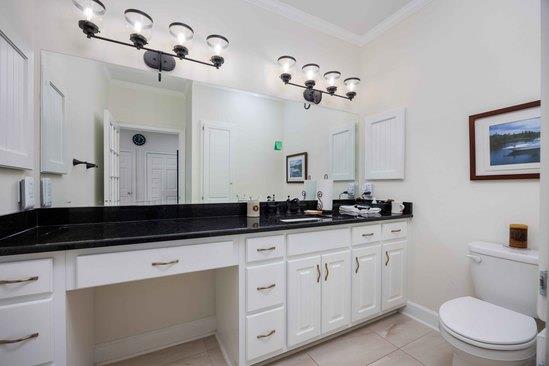 219 Broken Rock Road Hamilton, GA 31811 - Photo 23 of 44 a bathroom with a granite countertop sink a toilet a mirror and shower