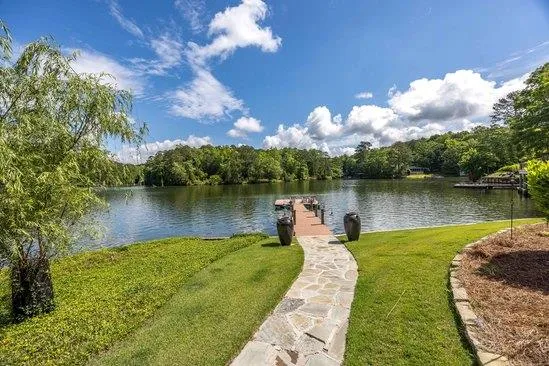 a view of a lake with a lake in the background