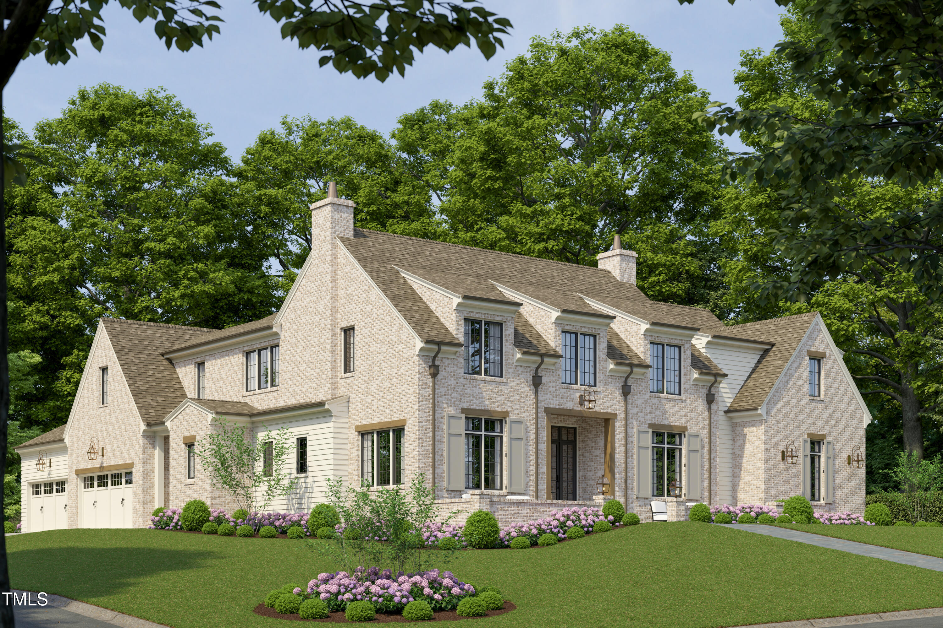 a view of a white house with a yard and potted plants