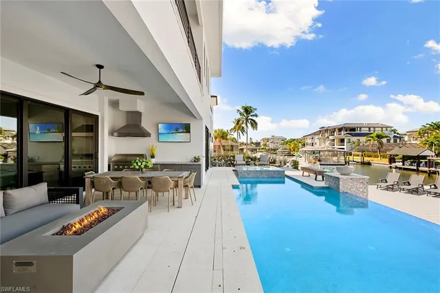a view of a swimming pool with outdoor seating