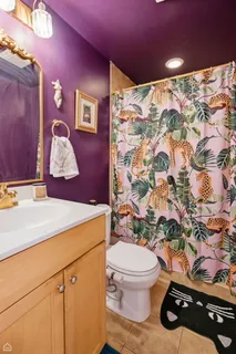 a bathroom with a sink mirror vanity and toilet