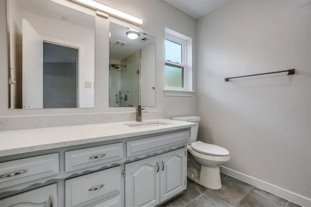 a bathroom with a sink a toilet and mirror