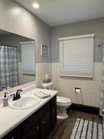 a bathroom with a sink a toilet and a mirror