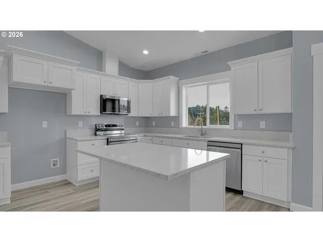 a kitchen with appliances a sink a counter top space and cabinets
