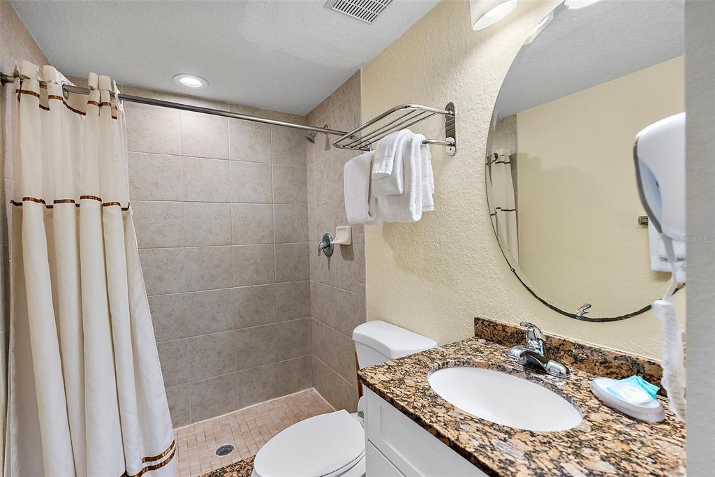 12000 Gulf Boulevard, Unit 501W Treasure Island, FL 33706 - Photo 22 of 36 a bathroom with a granite countertop sink toilet a mirror and shower