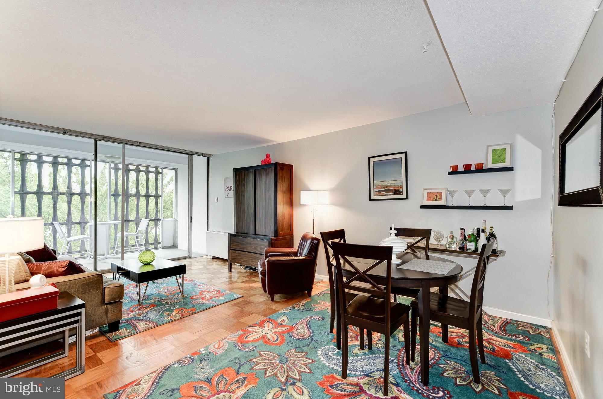 a view of a dining room with furniture