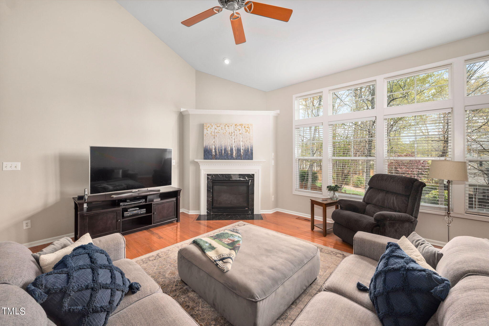 8620 Benzinger Drive Raleigh, NC 27613 - Photo 10 of 51 a living room with furniture a flat screen tv and a fireplace