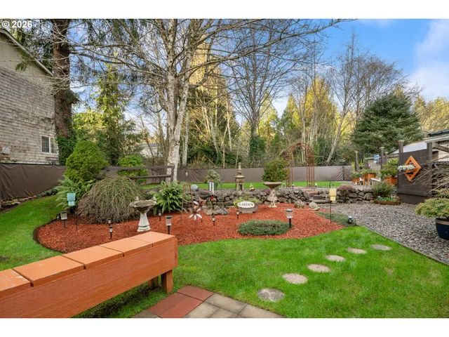 a garden view with a seating space