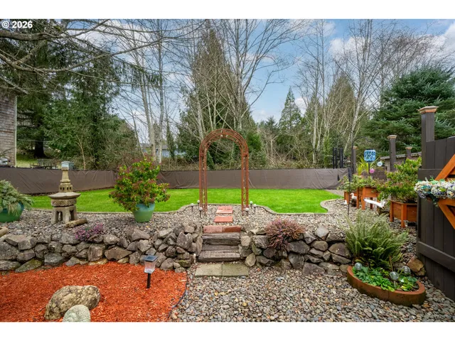 a view of a park with large trees