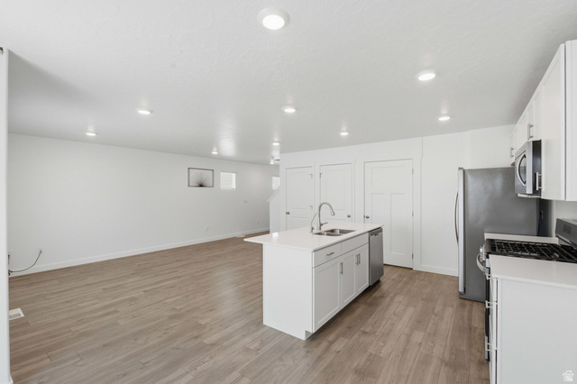 3788 South Galatia Road Magna, UT 84044 - Photo 7 of 24 Open-concept living area with wood-finish flooring, recessed lighting, and a kitchen island featuring a stainless steel sink and dishwasher