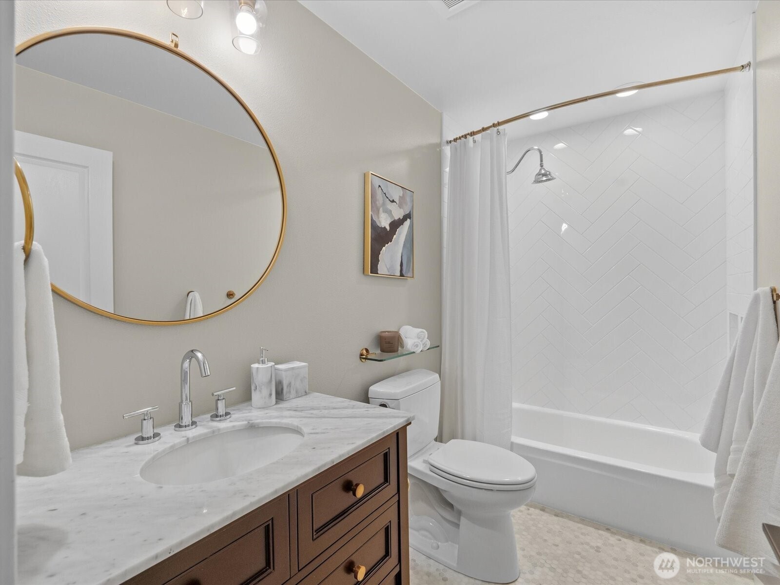 17412 Northeast 40th Place, Unit A6 Redmond, WA 98052 - Photo 26 of 40 a bathroom with a granite countertop sink toilet and shower