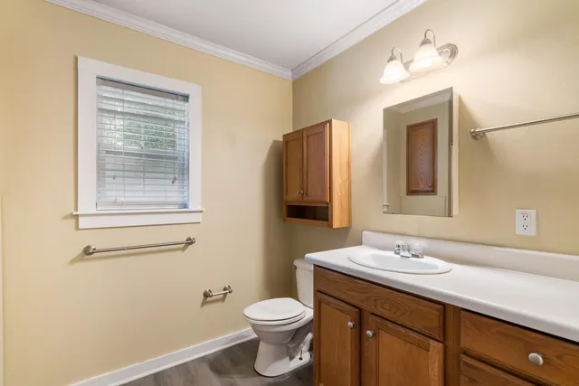 a bathroom with a double vanity sink toilet and a mirror