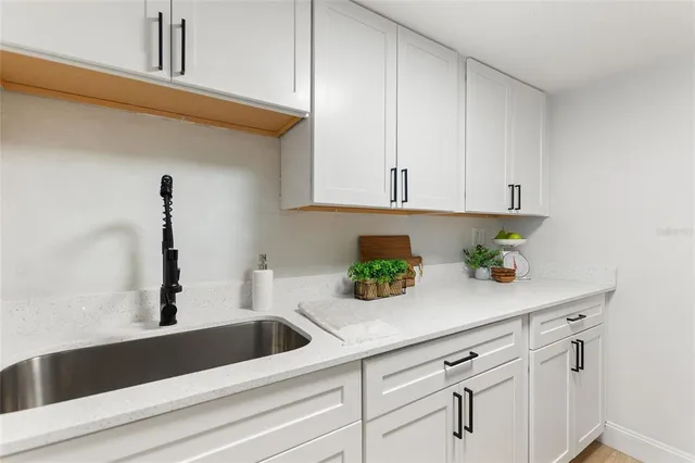 a kitchen with white cabinets and a potted plant