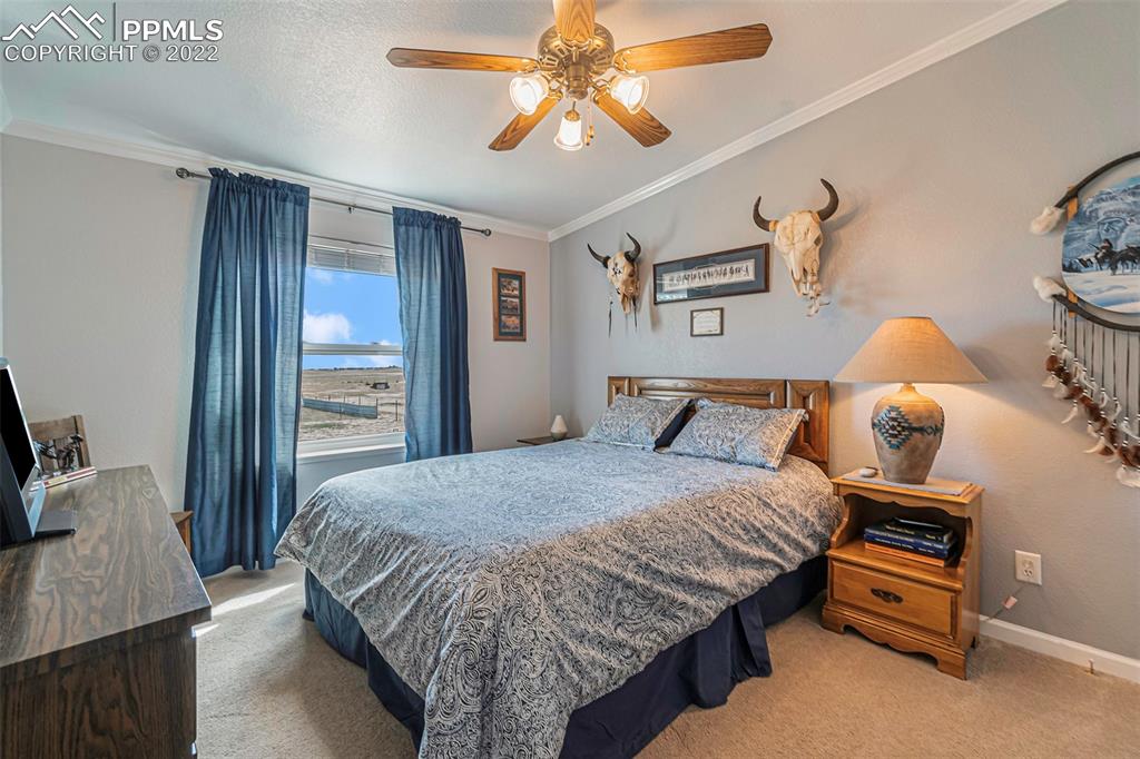 3180 Calhoun Byers Road Byers, CO 80103 - Photo 24 of 48 a bedroom with a bed and a chandelier