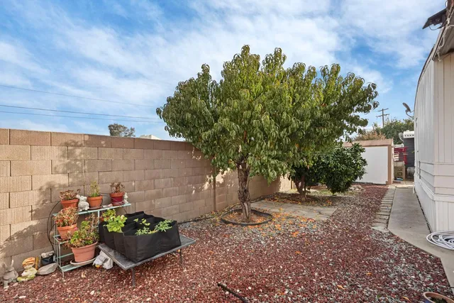 a view of a chair and table in backyard