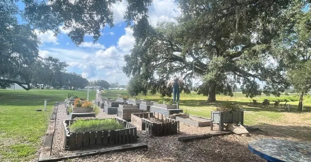 a view of a lake with lawn chairs and a big yard